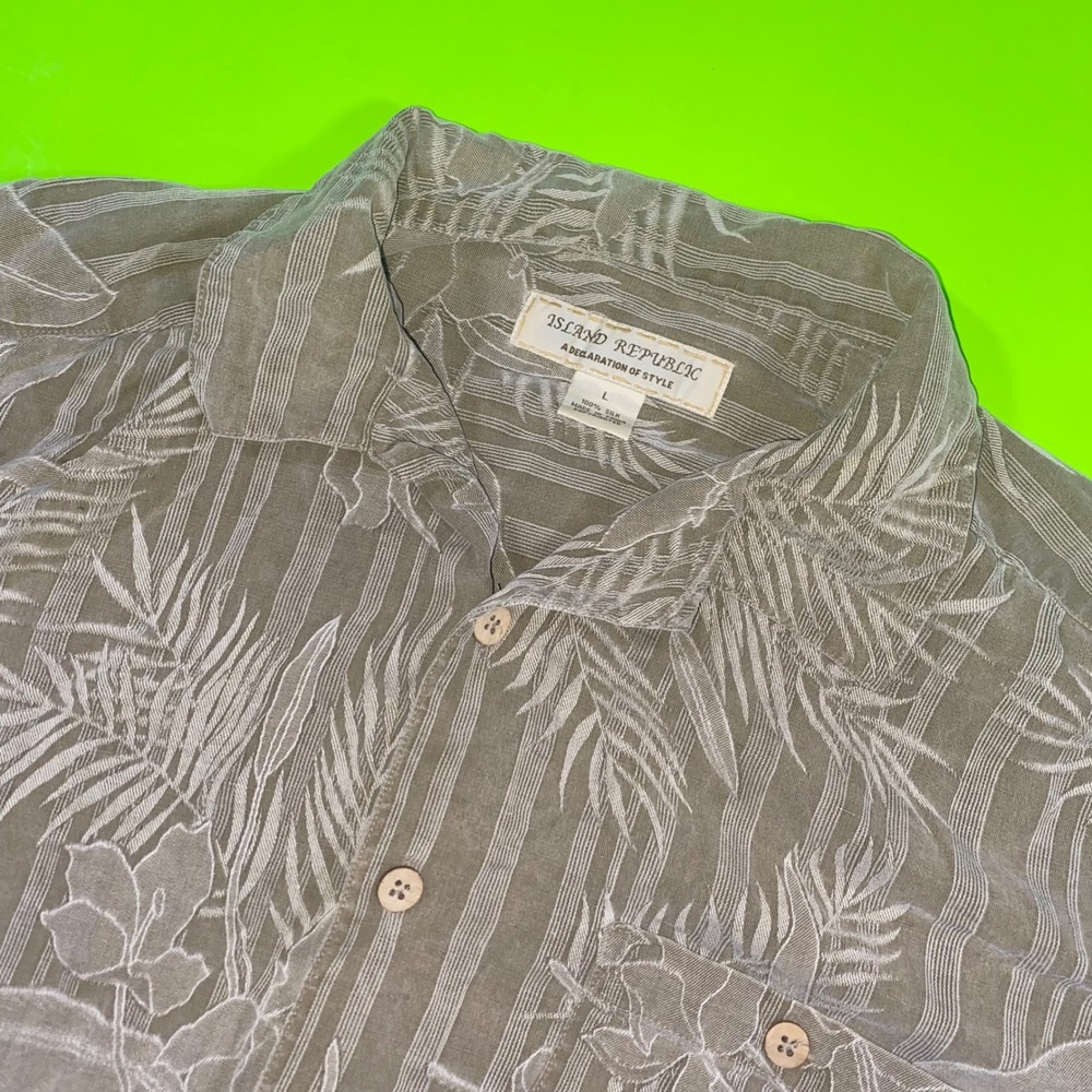 Island Republic Men Large 100% Silk Tropical Leaf Stripe Button Down Shirt Khaki